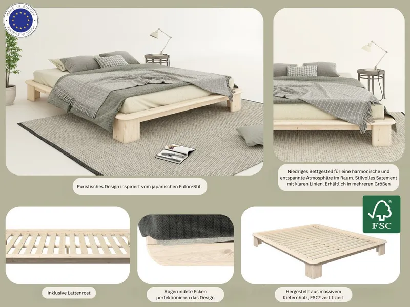 OTTO home Futonbett Peregrin, Bett, Bettgestell, Massivholzbett, inklusive Lattenrost, aus massiver Kiefer, FSC®, Beige, – Produktbild 3 von 5
