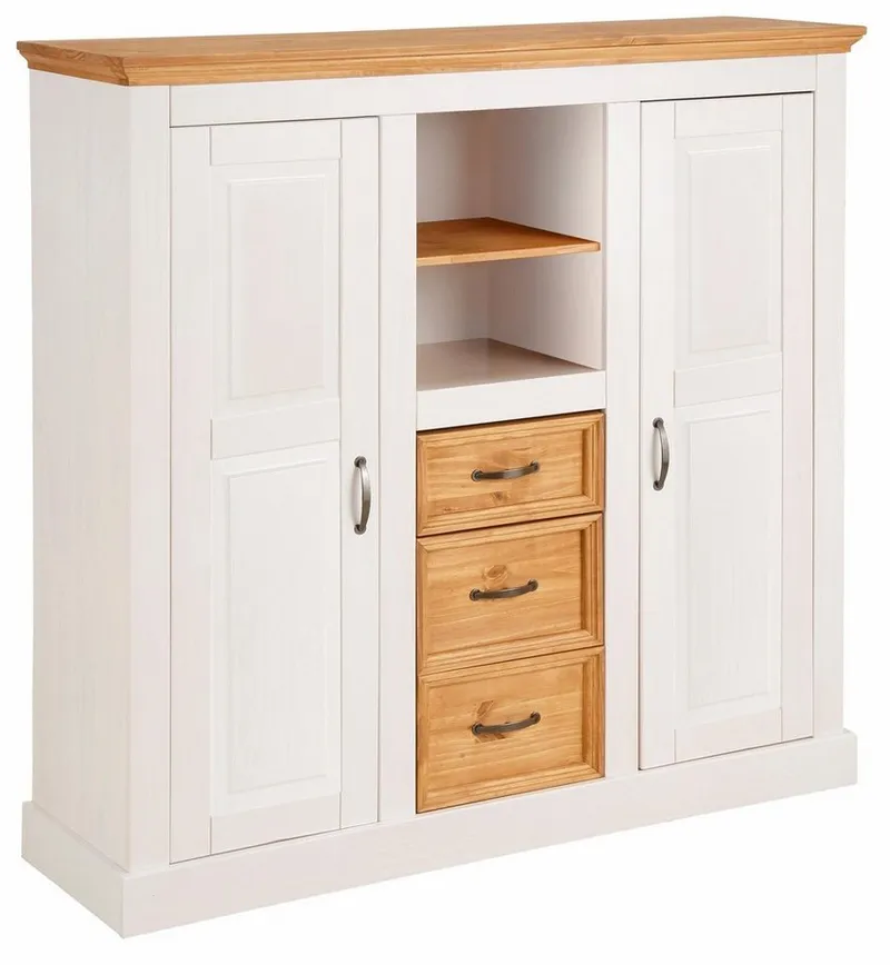 OTTO home Highboard Selma Kommode mit 2 Türen, 3 Schubläden und 8 Fächer, Metallgriffe, massives Kiefernholz, natürliche Maserung & Metallgriffe, 130cm breit, Weiß, – Produktbild 2 von 5