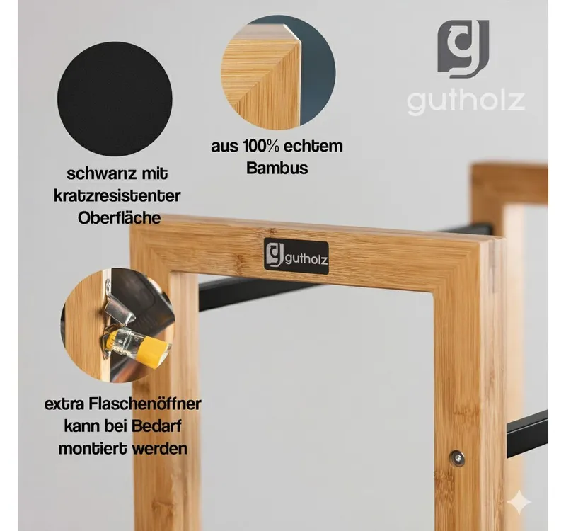 gutholz Standregal Getränkekistenregal aus Bambus & Edelstahl für 3 Kisten, Schwarz, – Produktbild 5 von 5