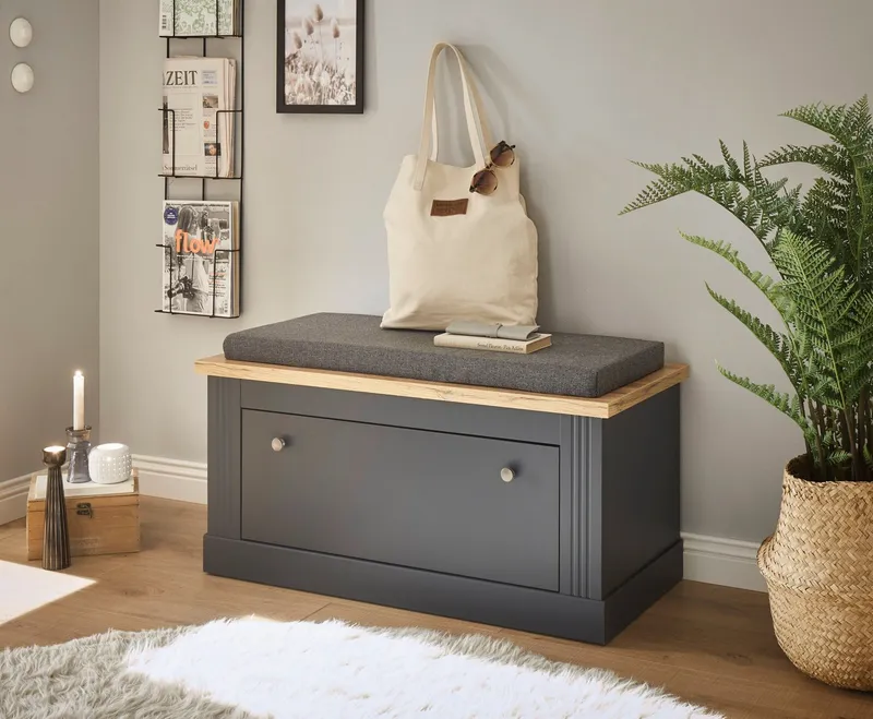 OTTO home Sitzbank Westminster, Schuhbank mit Sitzkissen, Garderobenbank im Landhausstil, Metallgriffe, in 2 Farben erhältlich, Platz für 8 Schuhe, 92 cm breit, Grau, – Produktbild 1 von 5