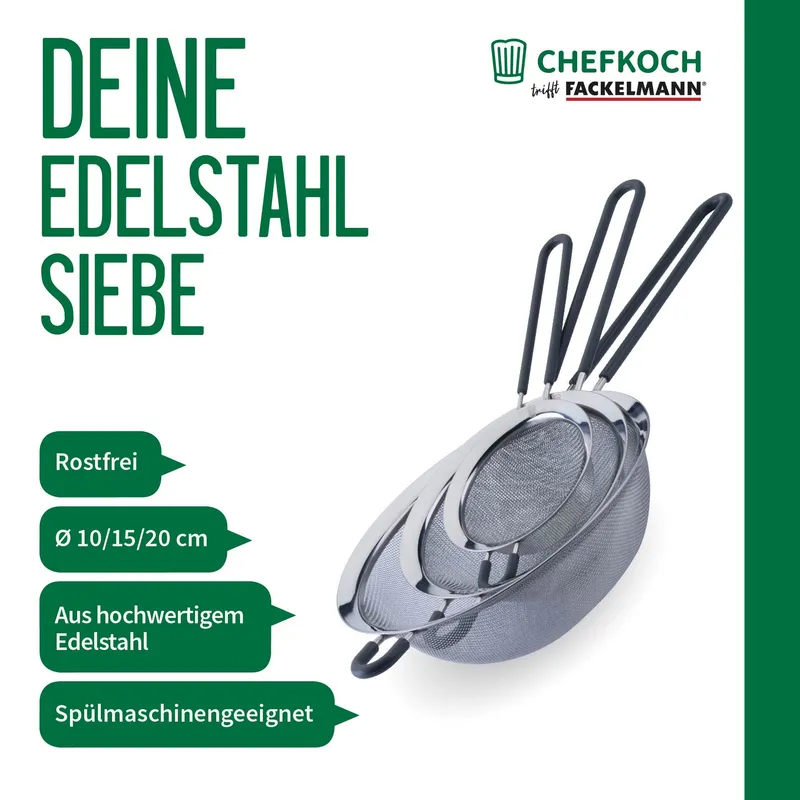 Chefkoch trifft Fackelmann Chefkoch trifft Fackelmann 3er-Sieb-Set Ø10/15/20cm, rutschfester Griff – Produktbild 3 von 3
