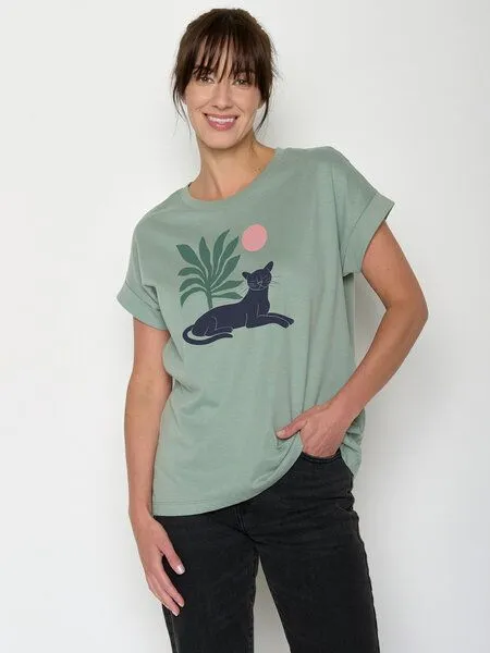 GreenBomb GREENBOMB Panther Leaves Loony - Sportliches T-Shirt aus Bio-Baumwolle mit Rollup Sleeve / hochwertiger Print / GOTS / Fair & Vegan, Grün (blassgrün), – Produktbild 1 von 4