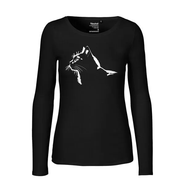 HANDGEDRUCKT HANDGEDRUCKT "Stubentiger" Frauen Longsleeve aus reiner Biobaumwolle (kbA), Black, – Produktbild 1 von 2