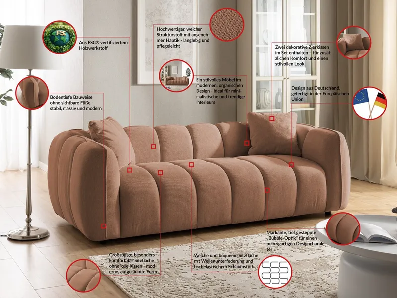 S-Style Möbel Polstergarnitur 3+2+1 Nubira in tief gesteppter Bubble-Optik aus Strukturstoff, mit modernem Design und Wellenfederung, Rot, – Produktbild 5 von 5