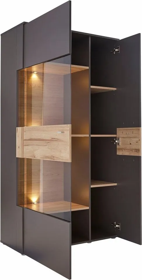 FORTE Vitrine Como Highboard, LED Beleuchtung Einlegeböden, Glastüre, Soft Close, Grau, – Produktbild 7 von 8