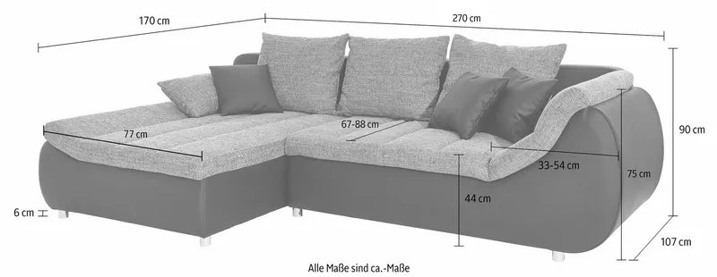 Home affaire Ecksofa Imola, bequem, aktuelle Steppung im Sitz, L-Form, Breite 270cm, wahlweise mit Bettfunktion, Grau|schwarz, – Produktbild 4 von 8