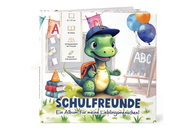 TOBJA Poesiealbum Freundebuch Grundschule Dino 21x21 cm - 30 Freunde, 8 Erwachsene, Dino-Motiv, 92 Seiten, 30 Doppelseiten, FSC®-Papier – Produktbild 1 von 5
