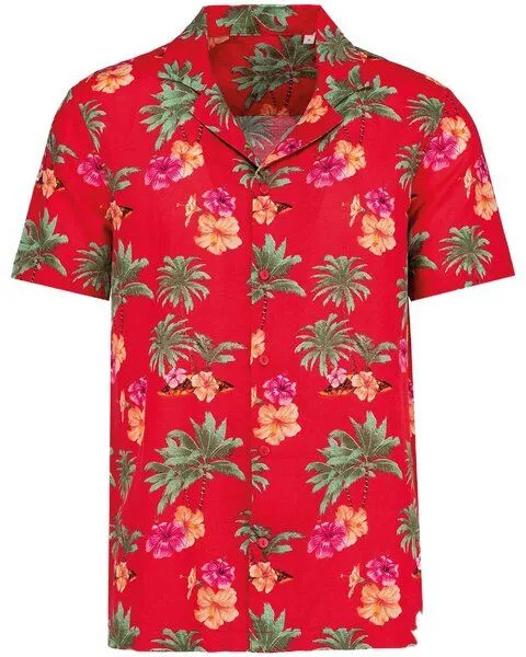 YTWOO YTWOO Herren Hawaii Hemd | Bio -Baumwolle-Leinen-Mix | Aloha Shirt | Kurzarm Hemd, Tropenrot mit hawaiiblumen, – Produktbild 3 von 4