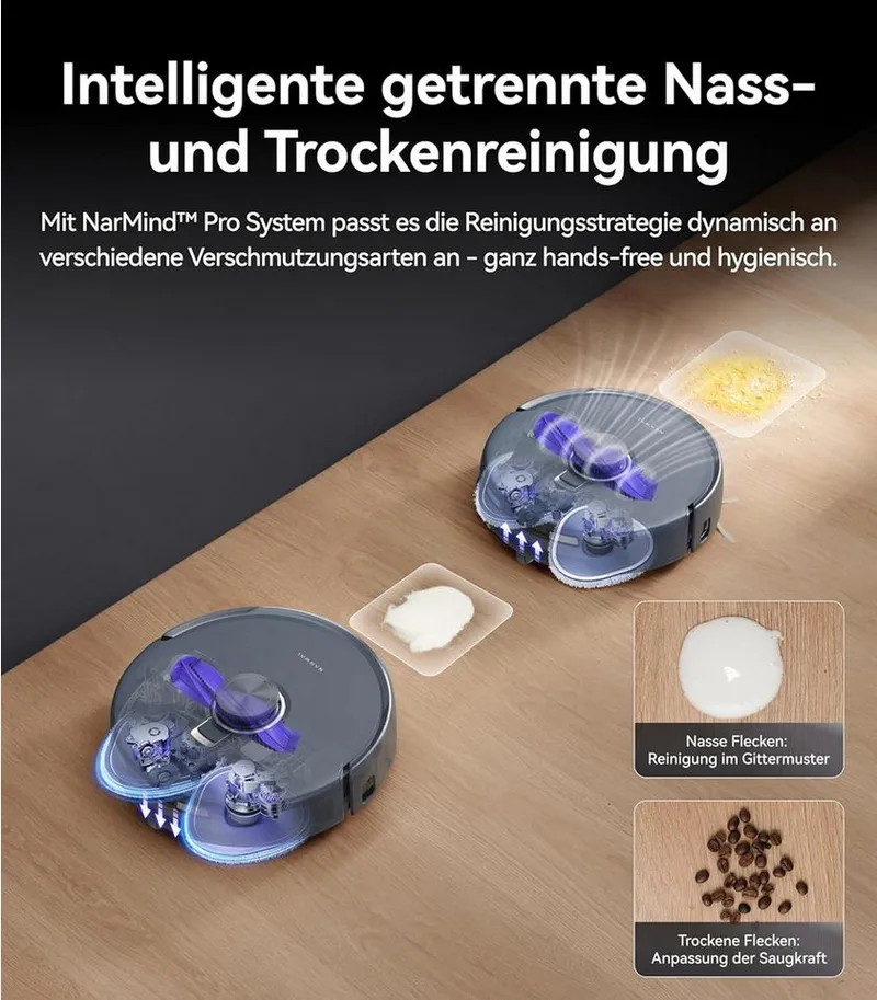 Narwal Narwal Saugroboter Freo Z10 Ultra Saugroboter mit Wischfunktion, All-in-One-Basisstation, 65 W, DirtSense Technologie, verhedderungsfreie Bürste, 18.000Pa Absaugung, Grau, – Produktbild 5 von 5