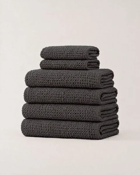 AmourLinen AmourLinen Waffel-Handtuch-Set aus Leinen, Spa-Pack, 4 Badetücher + 2 Handtücher, Charcoal (schwarz), – Produktbild 1 von 3