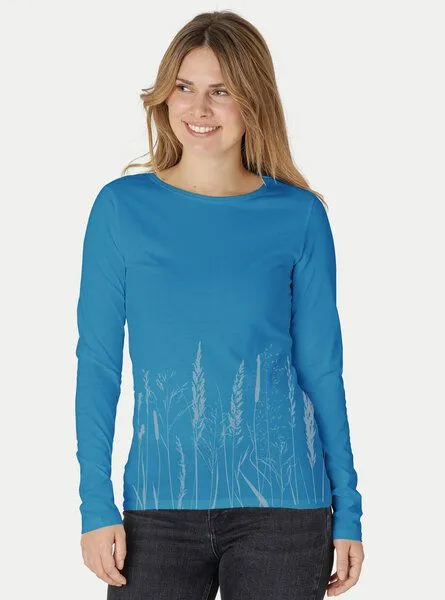Peaces.bio - handbedruckte Biomode Peaces.bio - handbedruckte Biomode Bio-Damen-Langarmshirt Gräservielfalt, Türkis, – Produktbild 1 von 2