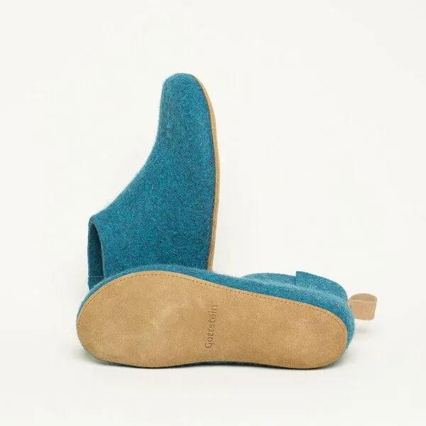Magicfelt Magicfelt 743 Hüttenschuhe aus 100% Merino-Wolle Hausschuh für Damen & Herren Ledersohle, Türkis, – Produktbild 5 von 6