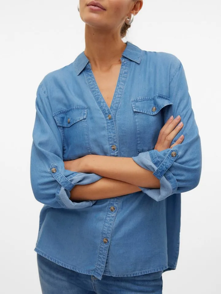 Vero Moda Hemdbluse VMBREE 7/8 SLEEVE LOOSE TENCEL SHIRT GA im Denim-Look und mit Riegel am Arm, Blau, – Produktbild 3 von 5