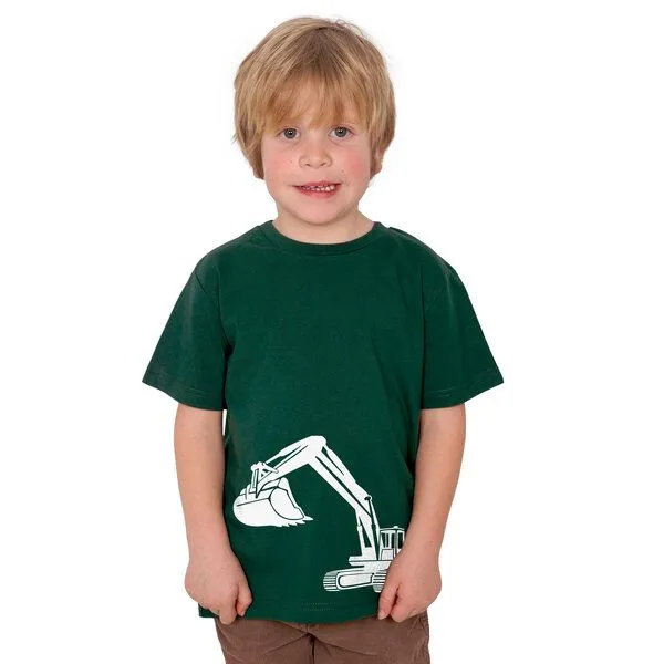 HANDGEDRUCKT HANDGEDRUCKT "Bagger" Unisex Kinder T-Shirt, Bottlegreen, – Produktbild 1 von 3