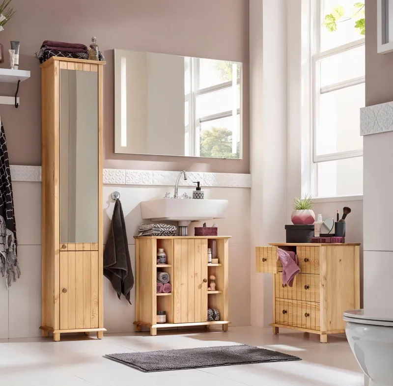 Home affaire Waschbeckenunterschrank Vili Badezimmerschrank im Landhaus-Look, mit 6 Fächern, aus Massivholz, Beige, – Produktbild 3 von 4