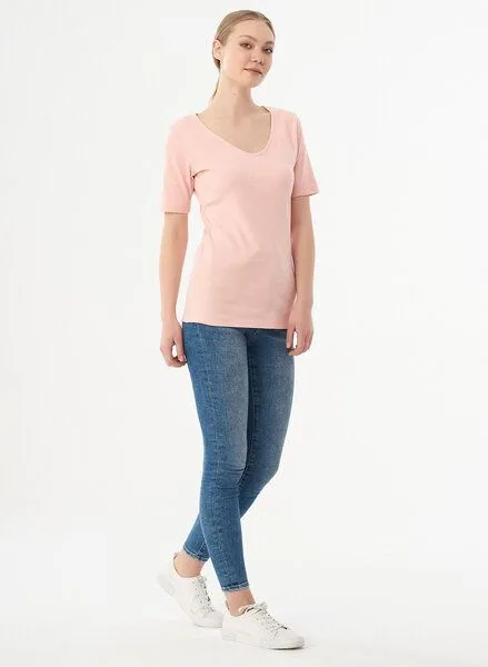 ORGANICATION ORGANICATION Geripptes T-Shirt aus Bio-Baumwolle mit V-Ausschnitt, Powder pink, – Produktbild 2 von 4