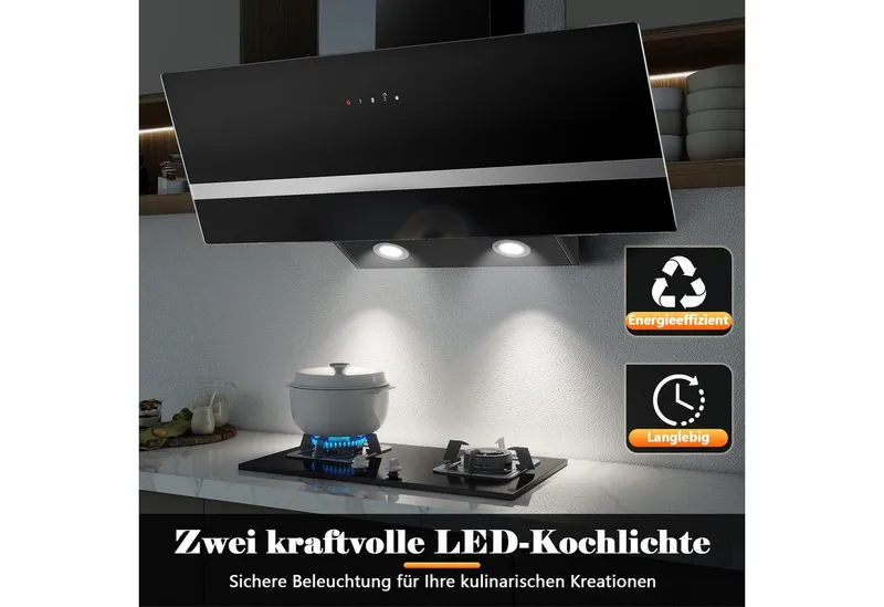 SNDOAS Kopffreihaube Dunstabzugshaube 90cm, Abluft/Umluft, 450 m³/h mit 3 Stufen + Boost Berührungssteuerung, Schräghaube, LED, A+++, Schwarz, – Produktbild 5 von 5