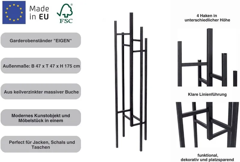 Woodman Garderobenständer Eigen, Kleiderständer, Dielenmöbel, (Made in Europe), im skandinavian Design, aus keilverzinkter massiver Buche, FSC®, Schwarz, – Produktbild 4 von 5