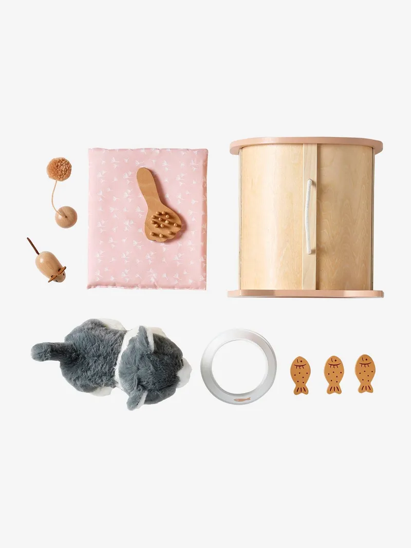 Vertbaudet Vertbaudet Kinder Plüschkatze mit Transportbox aus Holz FSC®, Braun, – Produktbild 4 von 4
