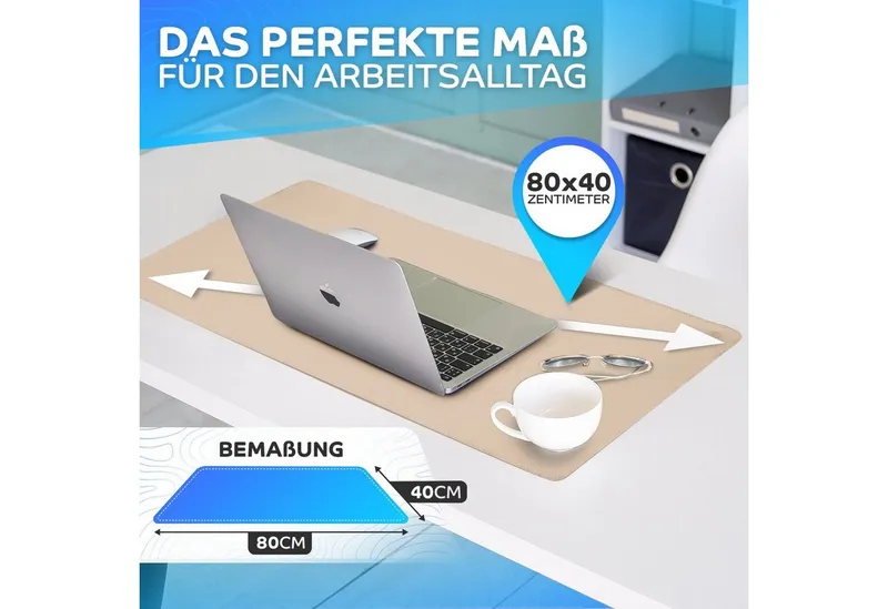 MAXLVL Gaming Mauspad Schreibtischunterlage - Mauspad mit Vernähte Kanten - abwaschbar (in 80x40 cm / 60x35 cm, Schreibtisch Unterlage für Büro), Tischunterlage Schreibtisch aus PU-Leder, Beige, – Produktbild 3 von 5