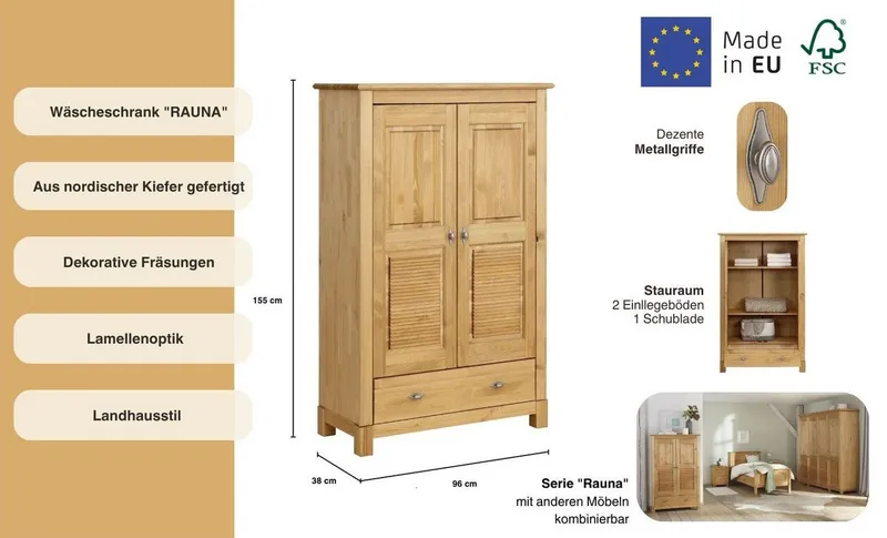 OTTO home Wäscheschrank Rauna (B/H/T ca. 96/155/38 cm) aus massiver Kiefer, FSC®, 2-türig, 96cm breit, Beige, – Produktbild 1 von 5