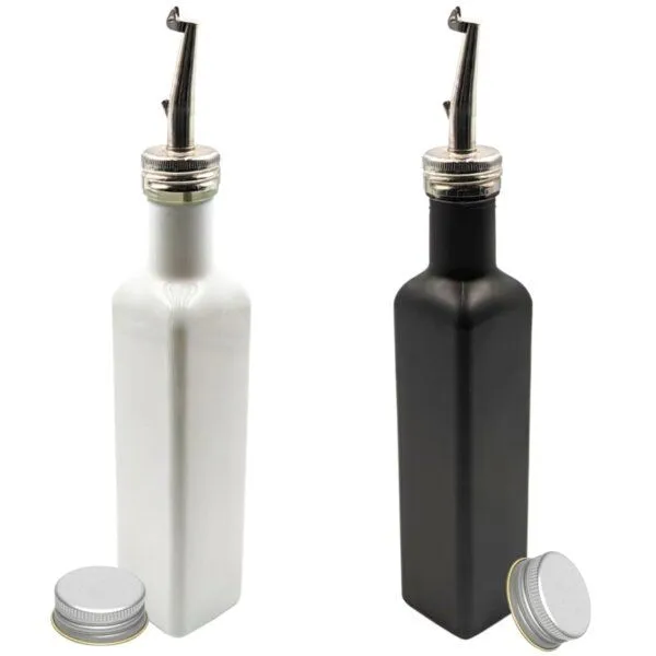 mikken mikken 2x Ölflasche 250 ml Dosierflasche mit Ausgießer + Schraubdeckel + 2 Etiketten, Schwarz/weiß, – Produktbild 1 von 2