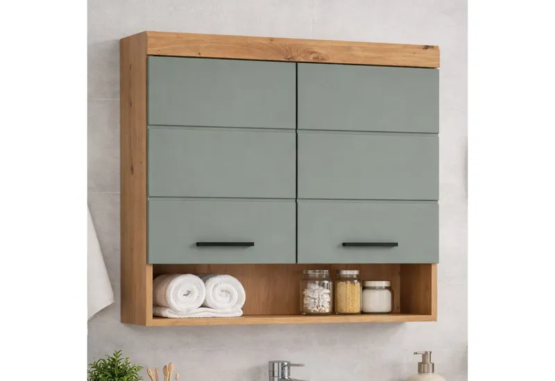 furnling Hängeschrank Scott 2 Türen, 1 offenes Fach, Stauraum, Badmöbel, Badschrank, 74 cm breit, Grün, – Produktbild 2 von 5
