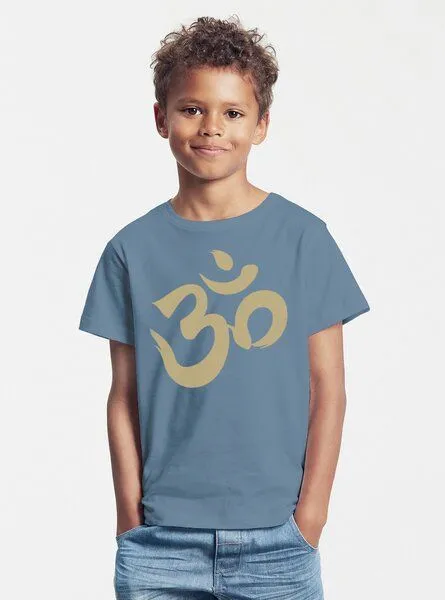 Peaces.bio - handbedruckte Biomode Peaces.bio - handbedruckte Biomode Bio-Kinder T-Shirt Om, Blaugrau, – Produktbild 2 von 2