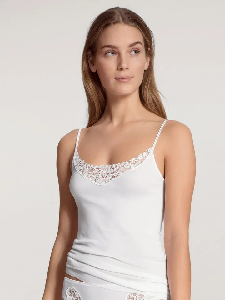 CALIDA CALIDA Spaghettitop Feminin Sense mit Spitzen-Einsatz, Pure Cotton, tiefer Ausschnitt, Single Jersey, Weiß, – Produktbild 3 von 5