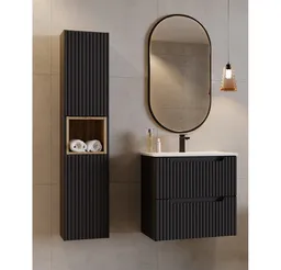 Lomadox Badmöbel-Set NEWPORT-56-BLACK, (Spar-Set, 3-St., Badregal Badspiegel Hochschrank Waschbecken Waschbeckenschrank), Badezimmermöbel in schwarz mit Eiche, gerillte Front, LED-Spiegel – Produktbild 1 von 1