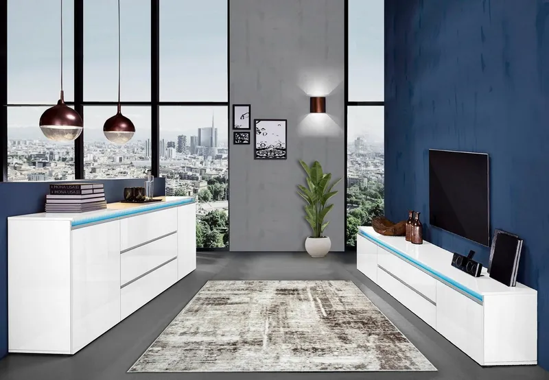 Home affaire Lowboard Magic,Lowboard,TV-Kommode,TV-Möbel,TV-Bank, Hochglanzlackiert, Alugriff, 2 Türen, 2 Schubkästen,B/T/H 240×40×55 cm, Weiß, – Produktbild 3 von 5
