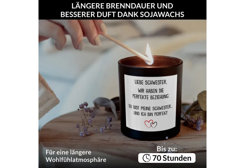 22Feels Duftkerze Deko Schwester Geschenk Bday Weihnachten Geschwister Frauen Mädchen, MADE IN GERMANY, Europäisches Sojawachs, Handgegossen, Schwarz, – Produktbild 3 von 5