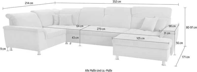 DOMO collection Wohnlandschaft FRANZI optional mit Bettfunktion, Bettkasten & Kopfteilverstellung, XXL-Sofa, Recamiere rechts, graphite, B/T: 352/214 cm, Grau, – Produktbild 5 von 5