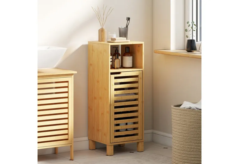 HOMCOM HOMCOM Badkommode Toilettenschrank Beistellschrank schmal mit verstellbaren Regalen (Badschrank, 1 St., Badezimmerschrank), für Badezimmer, kleine Räume, 30 x 30 x 80 cm, Beige, – Produktbild 1 von 5