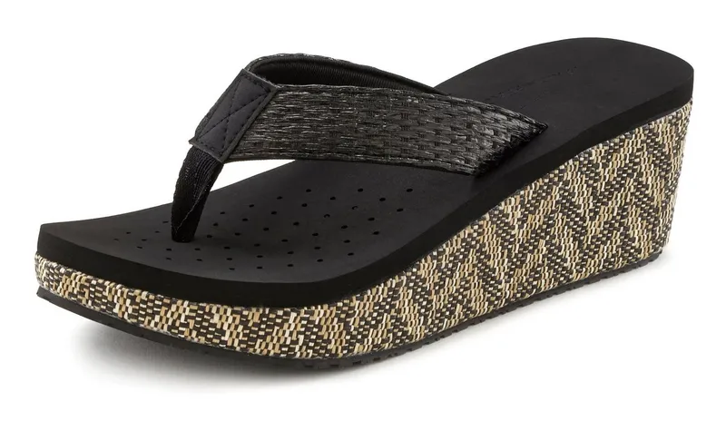 VENICE BEACH VENICE BEACH Sandale, Badeschuh, Sommerschuhe, Badelatsche, Flip Flop, Badeschlappe Badezehentrenner Zehentrenner mit geschmücktem Keilabsatz VEGAN, Schwarz, – Produktbild 3 von 5