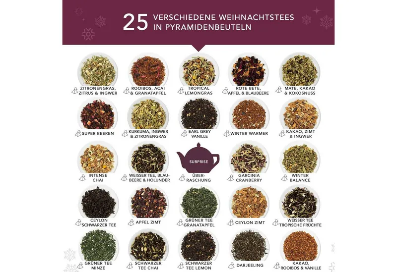 English Tea Shop English Tea Shop Tee Adventskalender "Mosaik weiß", BIO, 25 Pyramidenbeutel, 25 verschiedene BIO-Tees und Teemischungen. – Produktbild 3 von 5