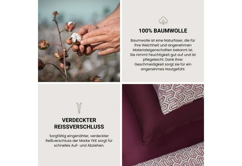 Schiesser Schiesser Bettwäsche Siena aus weicher Baumwolle mit aufwendigem Muster, Renforcé, 2 teilig, OEKO-TEX® MADE IN GREEN, Rot, – Produktbild 3 von 5