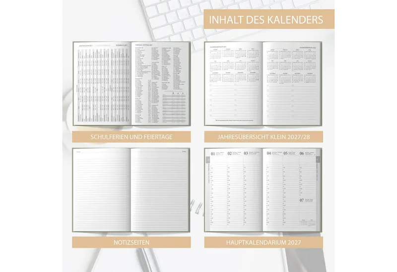 TOBJA Buchkalender Buchkalender 2027 Wochenplaner salbeigrün Skandi OptiPlaner Sage FSC, Salbeigrün, Roségold-Blumen, 30-Min-Taktung, 18,5x26 cm, FSC – Produktbild 5 von 5