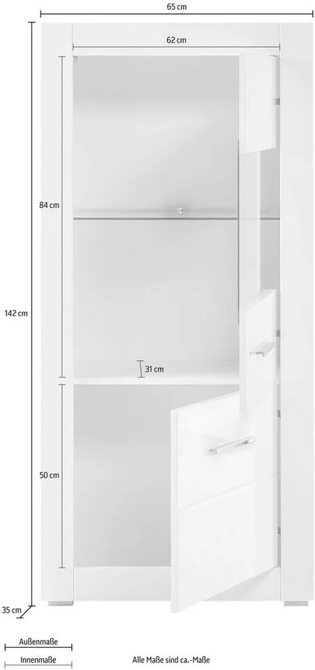 Home affaire Vitrine Bianco, moderne Standvitrine, Vitrinenschrank, Glasvitrine silberne Metallgriffe, ausreichend Stauraum, zeitlos, 142 cm hoch, Weiß, – Produktbild 5 von 5