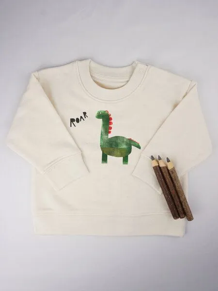MelaDi Meladi Kinder Baby - Sweater aus Biobaumwolle - Dino auf Natural Raw, Weiß, – Produktbild 8 von 8