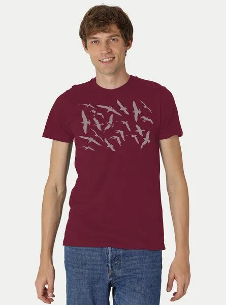 Peaces.bio - handbedruckte Biomode Peaces.bio - handbedruckte Biomode Fit T-Shirt Möwen Herren, Bordeaux, – Produktbild 1 von 2