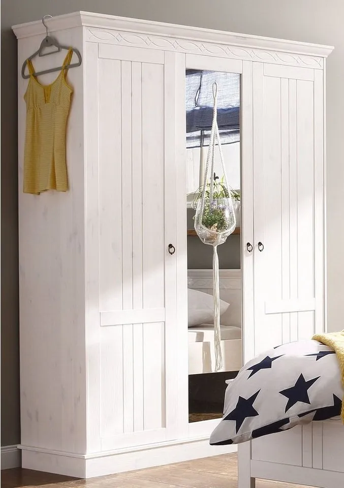OTTO home Kleiderschrank Indra Massivholz Kiefer FSC zertifiziert Made in Europe (B/H/T ca: 145/187/54 cm) Landhausstil mit Spiegel und flexiblem Stauraumkonzept, Weiß, – Produktbild 3 von 5