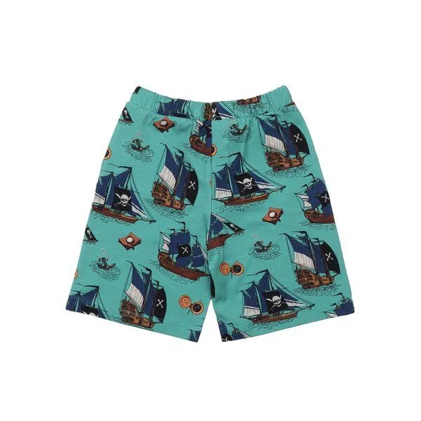 Walkiddy Baby Shorts GOTS zertifiziert – Bio-Baumwolle, Grün mit Piratenschiff-Motiv, elastischer Bund mit Kordel, bequem | Walkiddy, Grün, – Produktbild 2 von 3