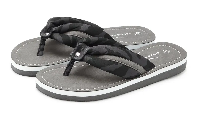 VENICE BEACH VENICE BEACH Sandale, Badeschuh, Badelatsche, Flip Flop, Badeschlappe, Sommerschuhe Badezehentrenner Zehentrenner mit wasserabweisender und leichter Sohle VEGAN, Grau|schwarz, – Produktbild 1 von 5