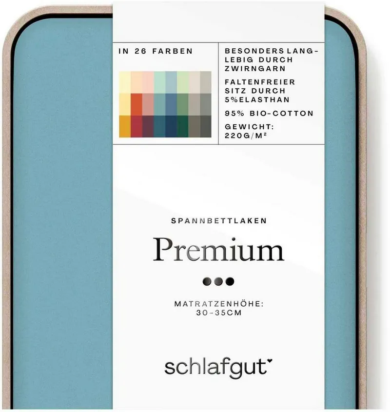 Schlafgut Schlafgut Spannbettlaken PREMIUM Mako-Zwirn-Jersey, 220 g/m², 95% Bio-Baumwolle, 5% Elasthan, Mako-Zwirn-Jersey, Gummizug: rundum, (1 Stück), Bettlaken bis 30 cm Höhe, PREMIUM-Qualität langlebig, perfekter Sitz, Blau, – Produktbild 3 von 5