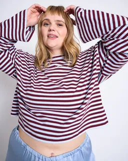 JAN N JUNE JAN 'N JUNE Damen vegan Kastenförmiges Langarmshirt Ankira In Rot/Blau Gestreift – Produktbild 1 von 1