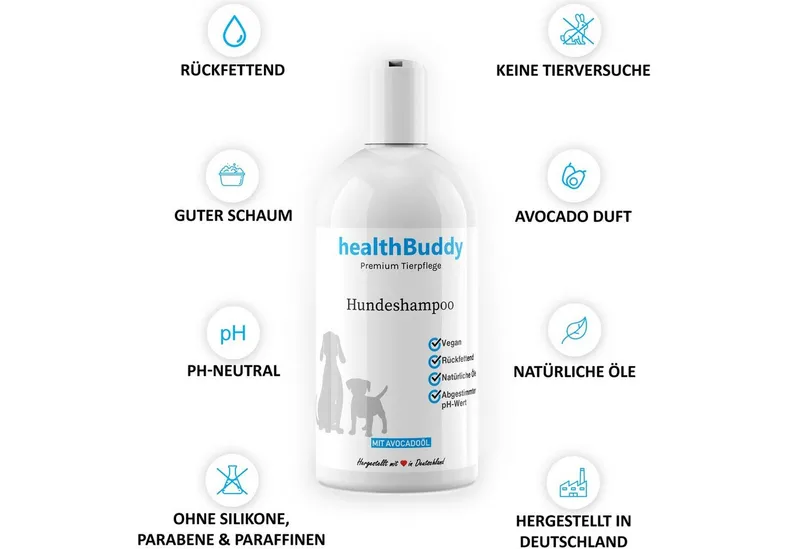 healthBuddy Tiershampoo Premium Hundeshampoo mit natürlichem Avocadoöl, 500 ml, (Packung, – Made in Germany – Entfernt unangenehme Gerüche), Für empfindliche Haut und Fell, Rückfettend, gegen Juckreiz und Flöhe – Produktbild 3 von 5