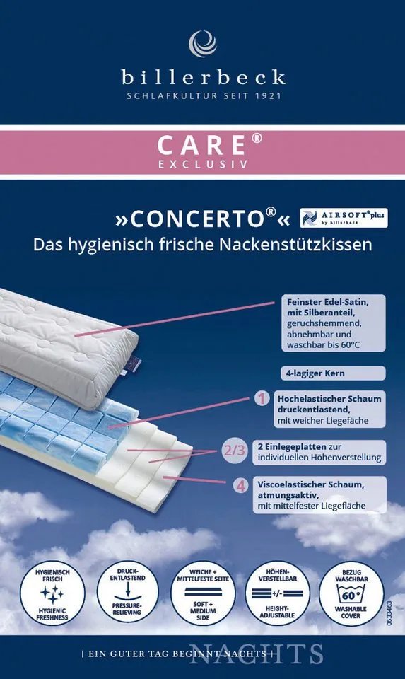 billerbeck Nackenstützkissen Concerto, Kissen 40x80cm, Füllung: hydrophiler Schaum VILAX HS, Bezug: Superfeiner Edel-Satin (100% Baumwolle), hydrophil, versteppt mit AIRSOFT®plus (90% Polyester-Hohlfaser, 10% Lyocell mit Silberanteil), Seitenschläfer, Bauchschläfer, Rückenschläfer, Die softe Matratzenauflage für hygienisch frischen Schlafgenuss, Gelb, – Produktbild 5 von 5