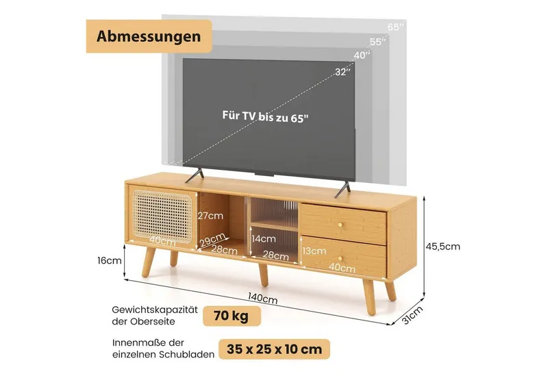 COSTWAY COSTWAY TV-Schrank mit 2 Schiebetüren, Glas und Bambus 2 Schubladen 140cm, Beige, – Produktbild 5 von 5