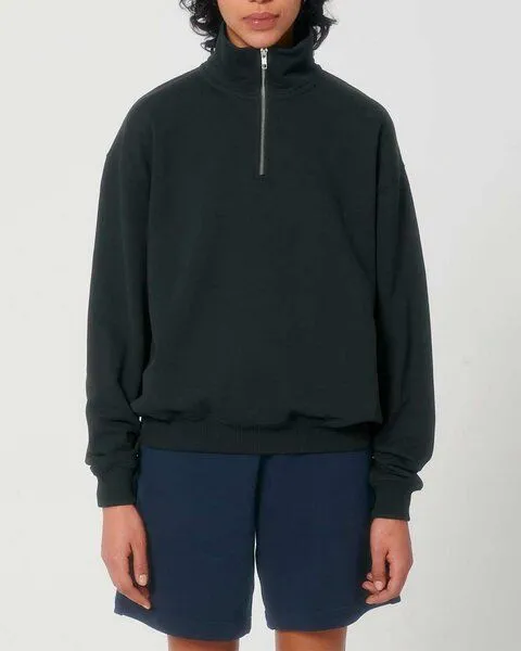 YTWOO YTWOO Oversized Sweatshirt mit kurzem Reißverschluss aus reiner Bio-Baumwolle; Unisex Troyer, Schwarz, – Produktbild 2 von 4